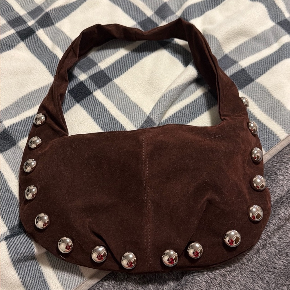 Brown Suede Studded Hobo Shoulder Bag - Picture 4 of 6